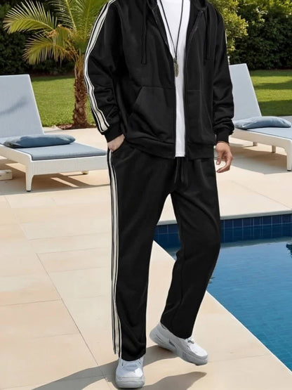 New Cross-Border Casual Sportswear Set of 2pcs, Hooded Zipper Cardigan Jacket Is Easy And Easy to Match, Side Striped Sweatpants Hide Meat And Show Long Legs, Daily Commute, Full of Comfort, Black Main Tone + Side Stripes