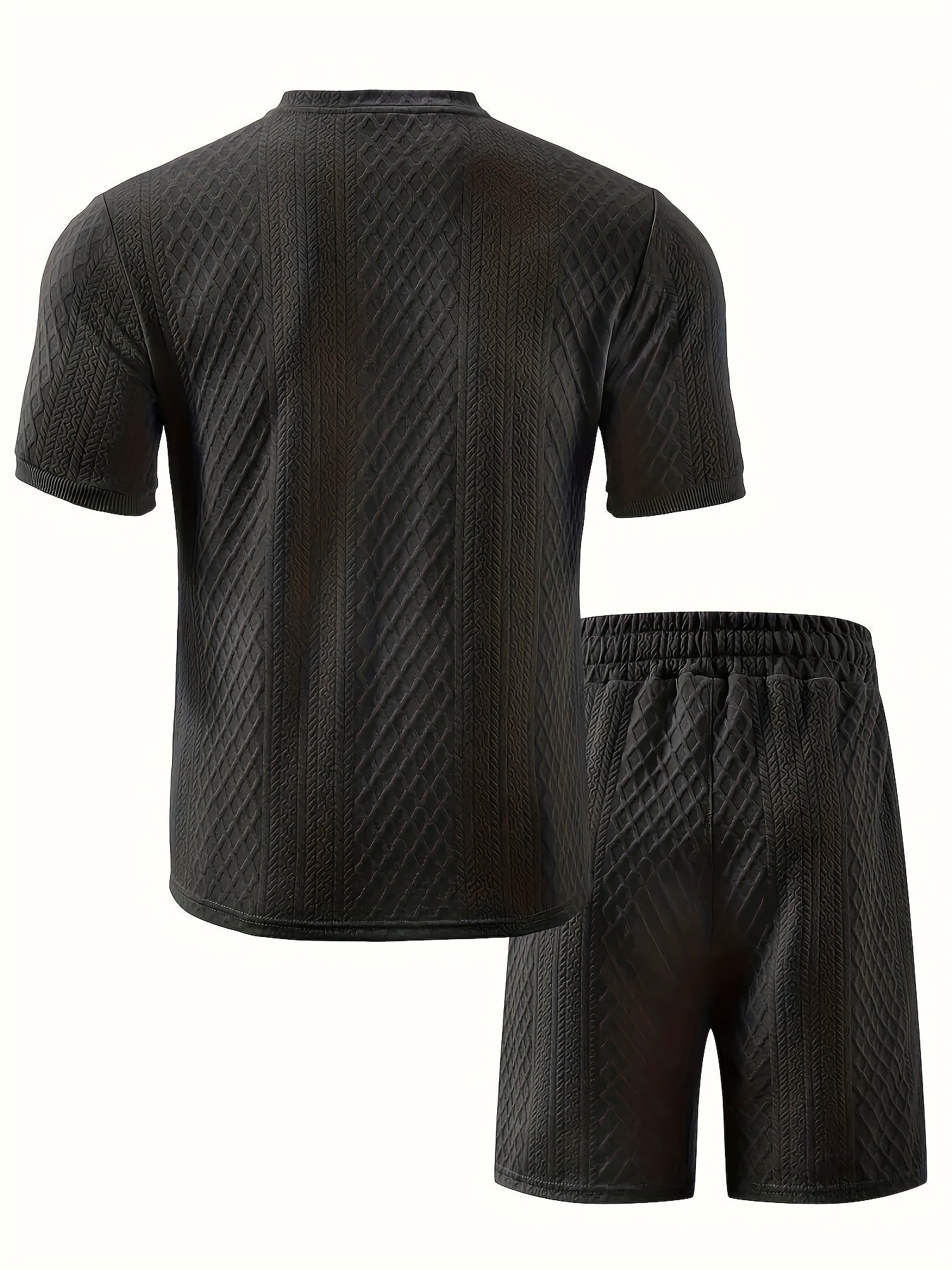 2pcs Set, Men's Casual Suit, Jacquard Fabric, Round Neck Short Sleeves with Buttons, Jacquard Shorts with Drawstring - ayq