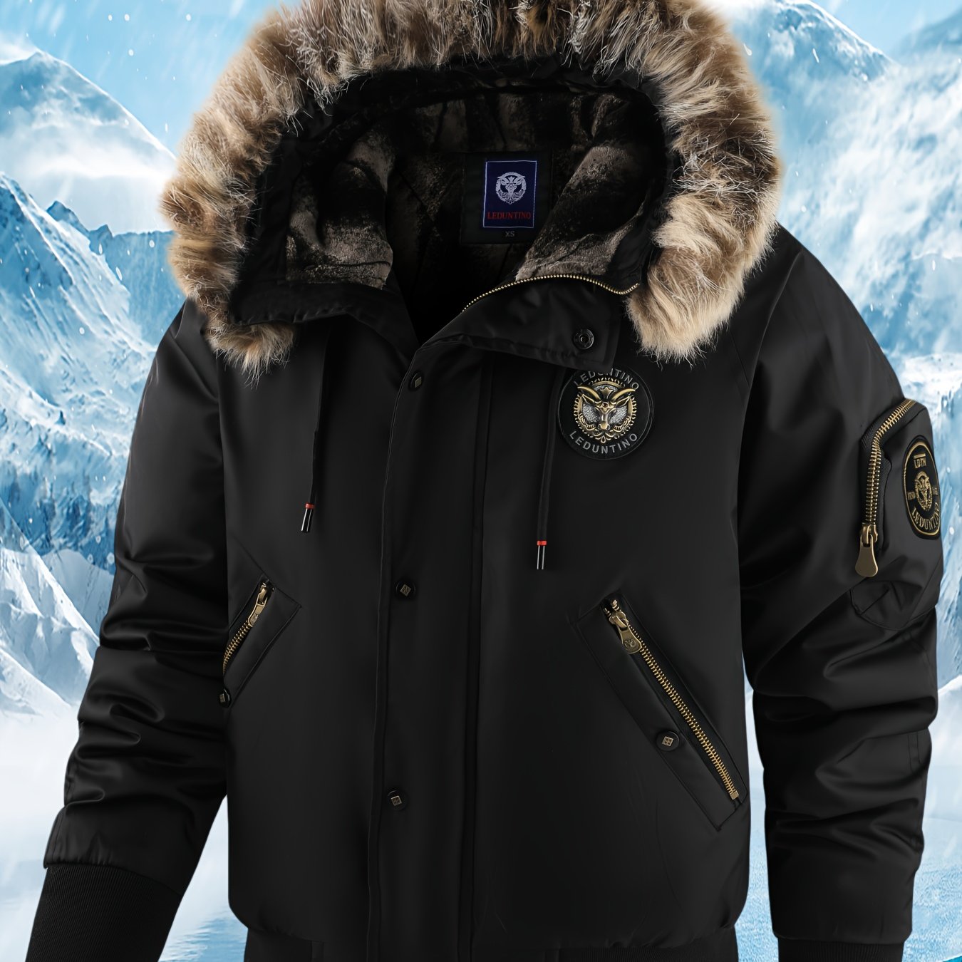 Men's Winter Coat - New Warm Hooded Jacket with Golden Print Accents, Loose Fit Casual Outerwear for Cold Weather, Machine Washable, Thick Comfort Plush Lining