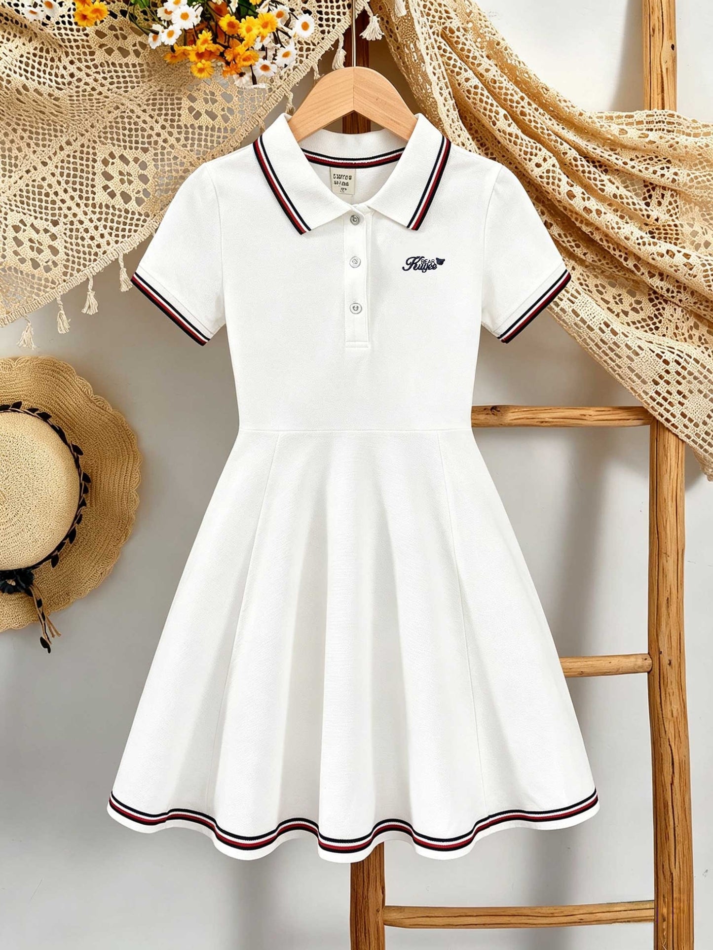 Girls' Casual Polo Dress with Embroidered Collar, Cotton Blend