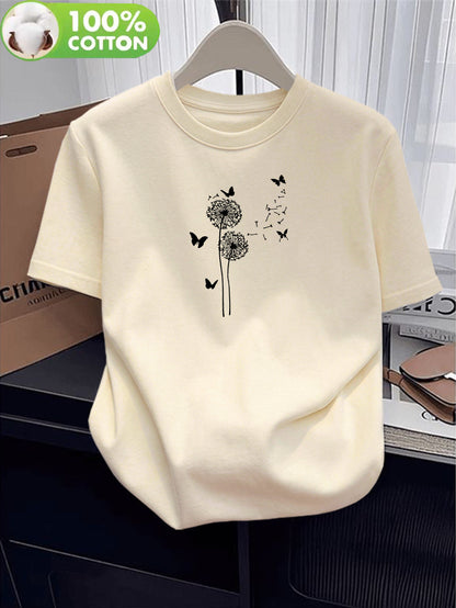 Women’s Cotton Casual T-Shirt with Dandelion & Butterfly Print