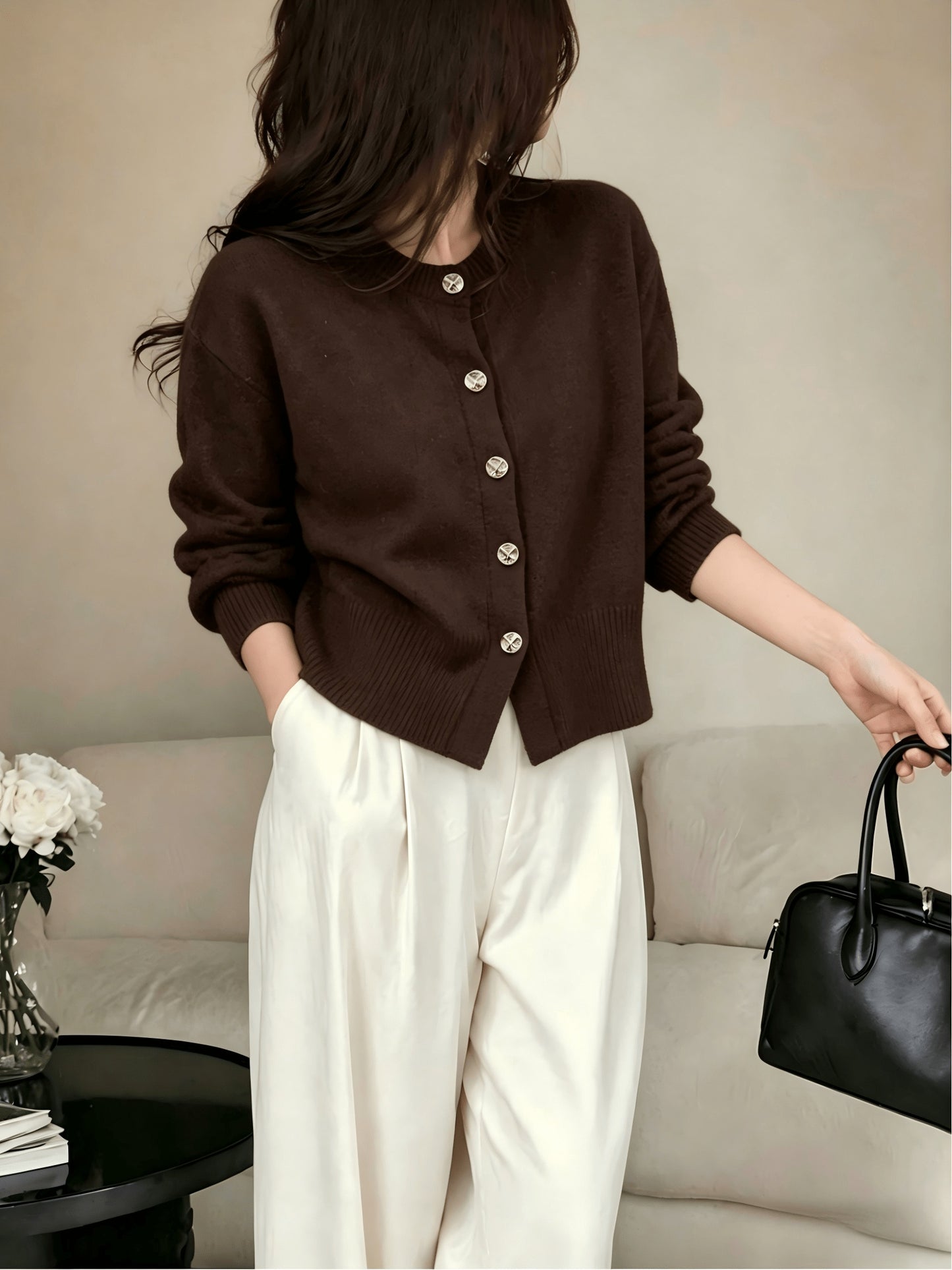 Women's Cozy Viscose Cardigan with Floral Button Detail