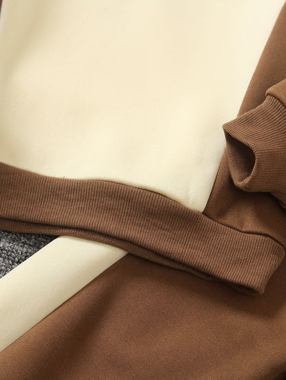 2pcs Set: Young Boys' Autumn/Winter -Lined Sweatshirt and Pants Set, Including a Stand Collar Half-Zip Contrast Long Sleeve Sweatshirt and Elastic Waist Contrast Pants, Very Casual, Comfortable, and Simple, Perfect for Outdoo