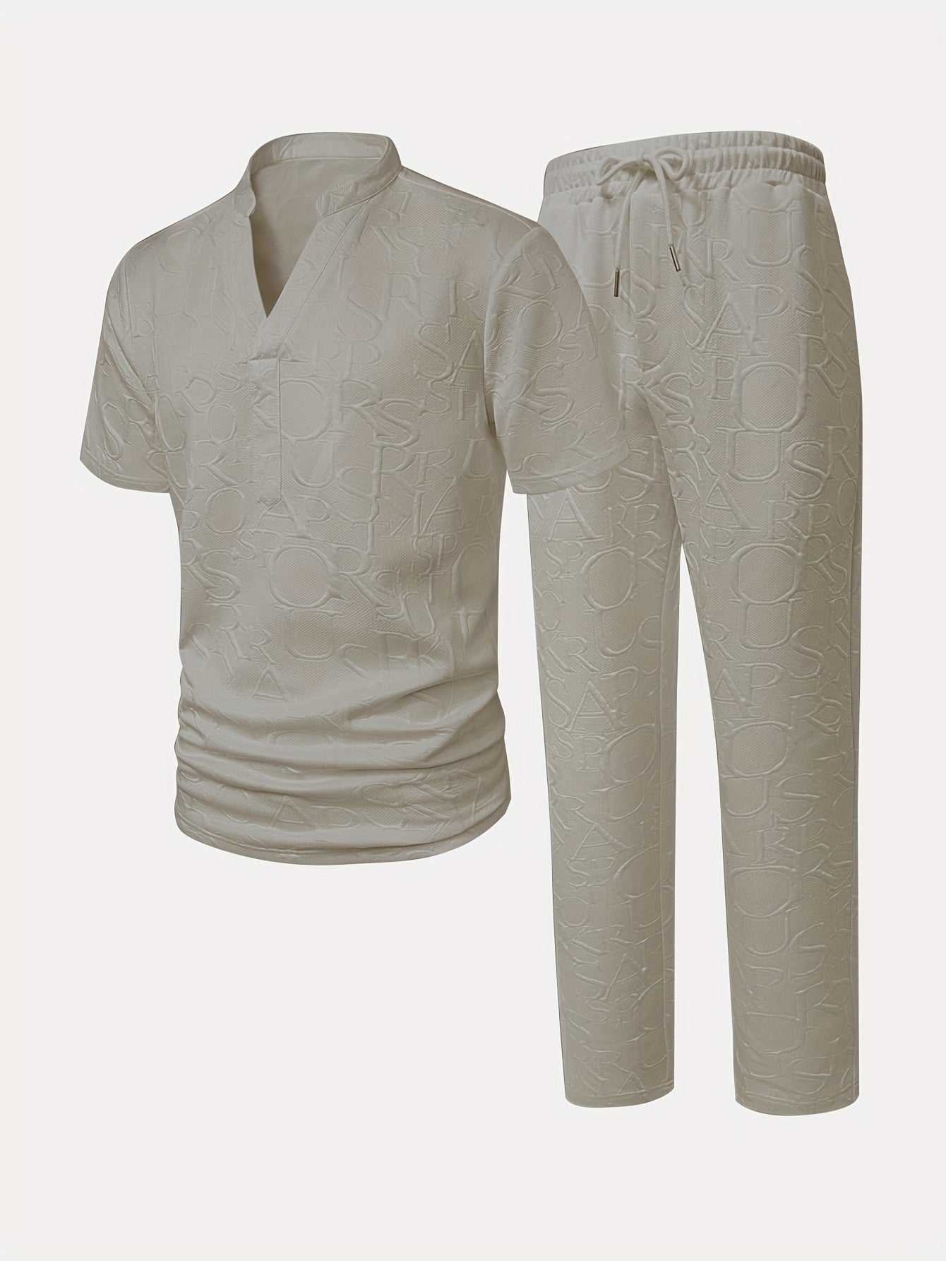 Men'S Stand Collar Loose V-Neck and Drawstring Waist Pants Henley Shirt Set
