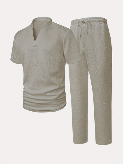 Men'S Stand Collar Loose V-Neck and Drawstring Waist Pants Henley Shirt Set