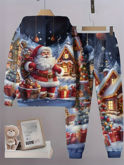 Boys' Digital Print Hooded Sweatshirt and Sweatpants Set - Christmas Hooded Pullover and Long Pants Two-Piece Set, Perfect for Outdoor