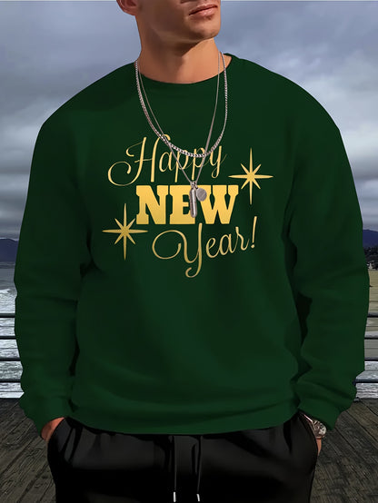 Men's Happy New Year Sweater - Loose Fit Round Neck Pullover Shirt with Golden Script, Light Grey & Machine Washable Casual Party Outfit for Everyday & Celebration Wear, Cute Sweaters, Festive Apparel, Festive Design, Durable