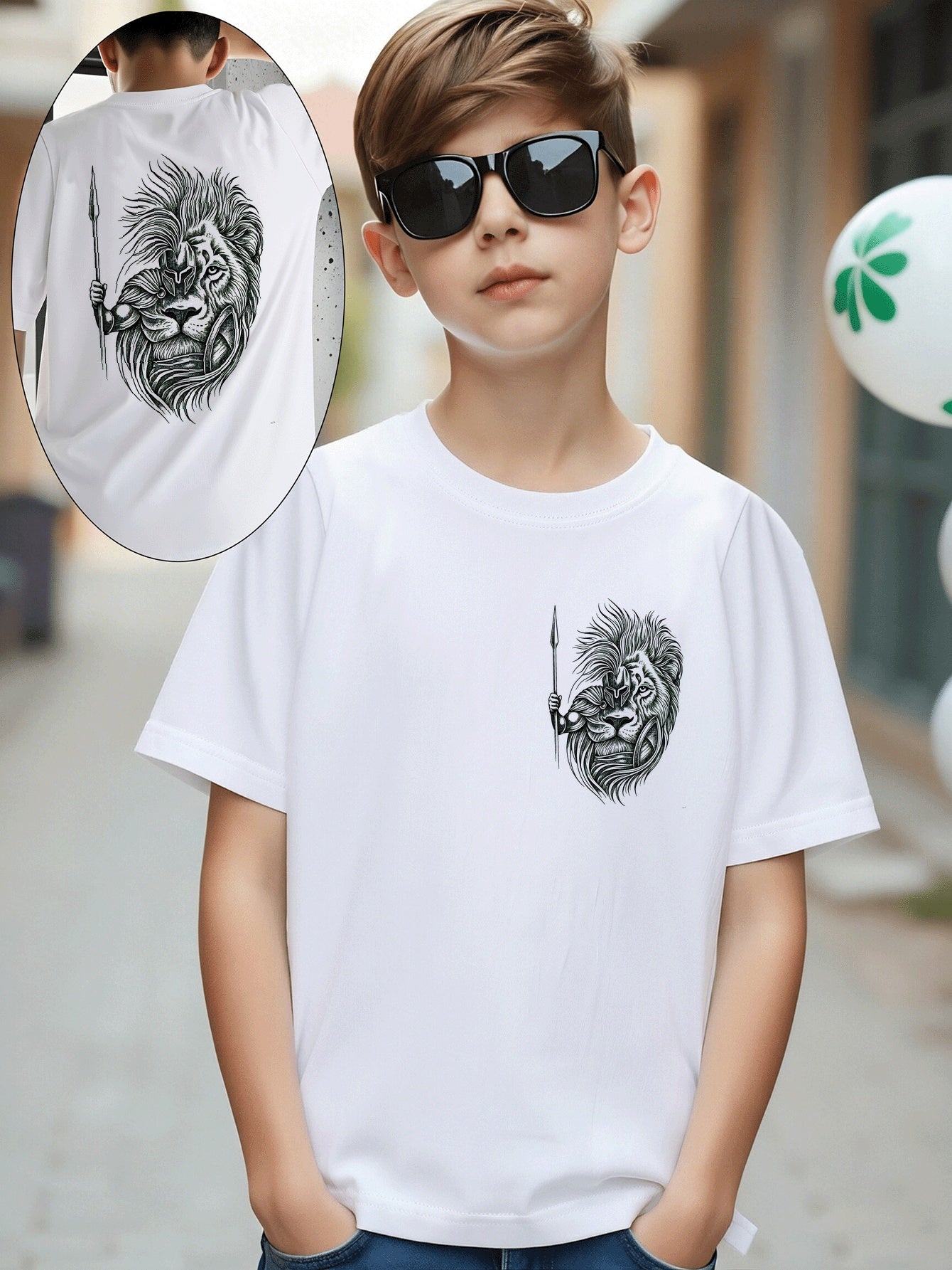 Boys' Cotton T-Shirt with Lion Warrior Print - Casual Summer Top