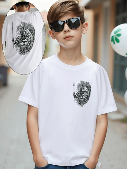 Boys' Cotton T-Shirt with Lion Warrior Print - Casual Summer Top