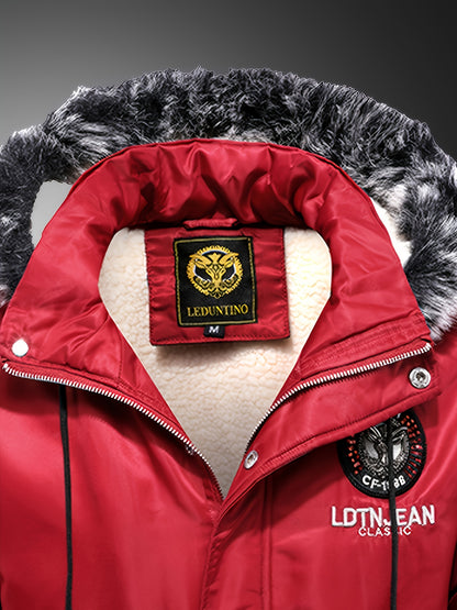 Men'S Heavyweight Winter Jacket with Detachable Hood & 3D Lettering - Full-Zip Windproof Coat, Multi-Pocket Design, Machine Washable