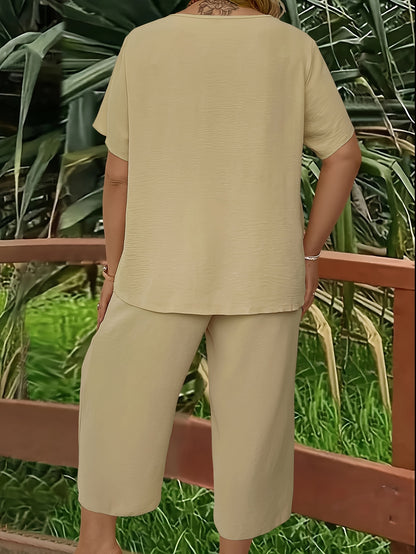 Women's Plus Size Suit, Elegant Solid Color Short Sleeve Top and Wide Leg Pants