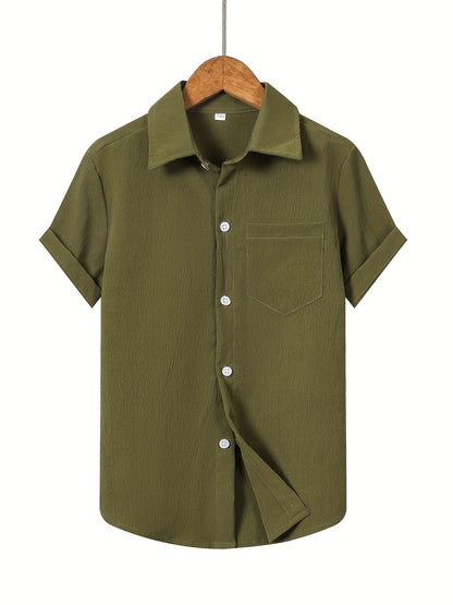 Boys' Casual Short Sleeve Solid Color Shirt with Stretch Fabric