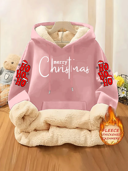 Christmas & Merry Christmas Letter Element Printed Women's Lined Hooded Sweatshirt, Thick and Warm Polyester Fabric Jacket, Suitable for Casual Composite Fabric Warm Clothing for Autumn and Winter Season