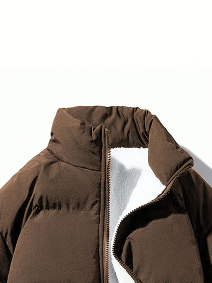 Yilong OBM Men's 2025 Fleece-Lined Winter Coat - Stand Collar Padded Insulation, Machine Washable Polyester, Solid Color Casual Jacket with Zipper Closure for Cold Weather, Winter Jacket, Outdoor Clothing, Minimalist Design,