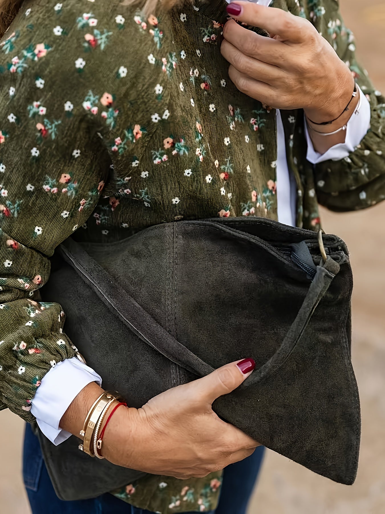 Women's Elegant Vintage Floral Print Pilot Jacket - Dark Green/Black/Brown/Gray/Beige with White/Red/Brown Flowers, Structured Collar & Chest Pockets, Machine Washable Spring/Fall Outerwear, Casual to Formal Events, Retro Sty