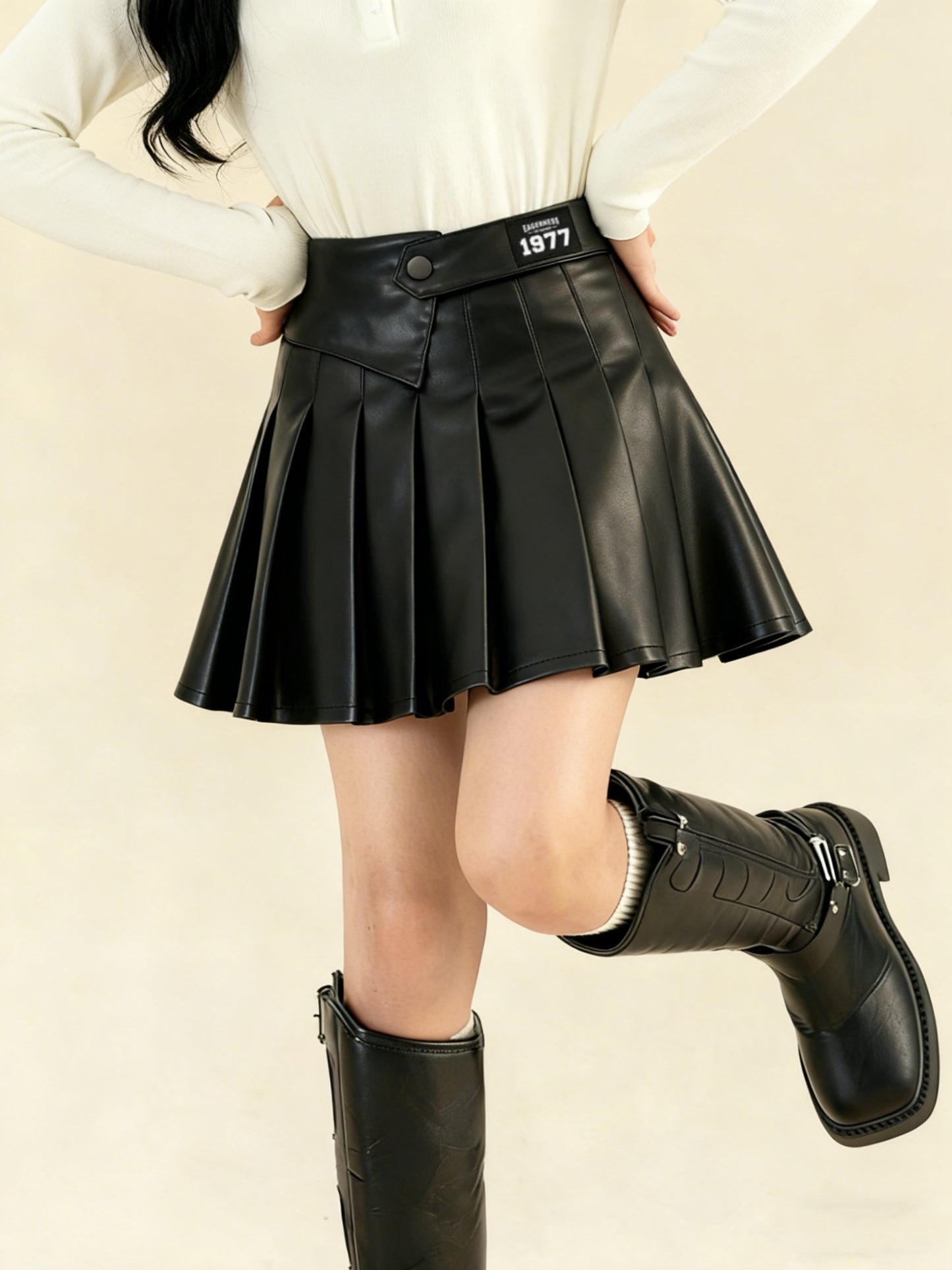 Girls' Preppy A-Line Cotton Pleated Skirt with Belt, Black