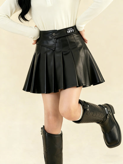 Girls' Preppy A-Line Cotton Pleated Skirt with Belt, Black