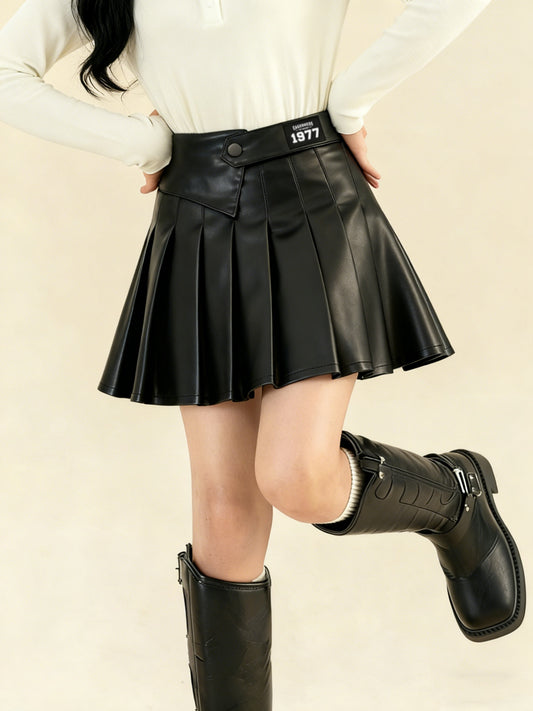 Girls' Preppy A-Line Cotton Pleated Skirt with Belt, Black