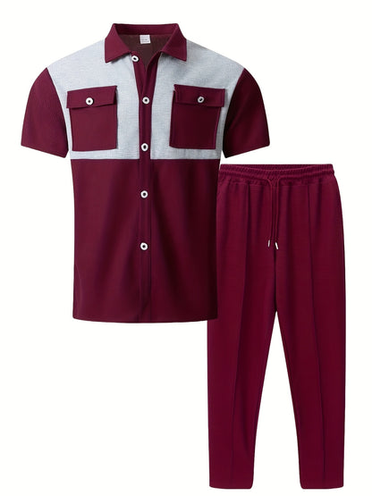 Men's Summer Two-Piece Set, Waffle Fabric Contrast Color with Pockets Short-Sleeved Shirt + Casual Trousers Suit, Leisure Light Business Vacation Daily Multiple Scenes