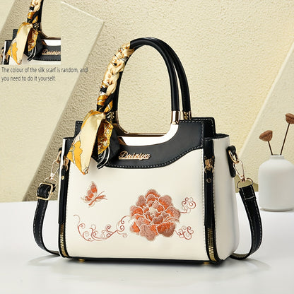 Embroidered Colorful Wo 'S Handbag with Random Scarf Color, Business Spring/Summer Date, Casual Travel, Mother'S Day Gift, Large Capacity, Middle-Aged, Commuting, Contrast Color