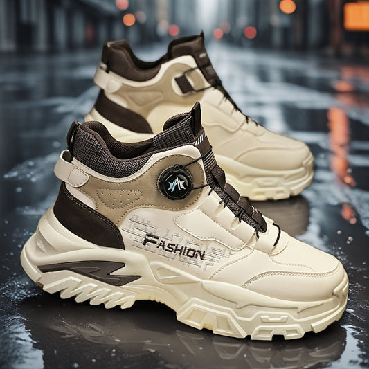 1pair Men'S High-Top Casual Sports Sneakers - Solid Color Faux Upper, Fabric Inner, PVC Sole, Round Toe for Hiking  Outdoor Activities - Versatile Street Style Shoes for All Seasons