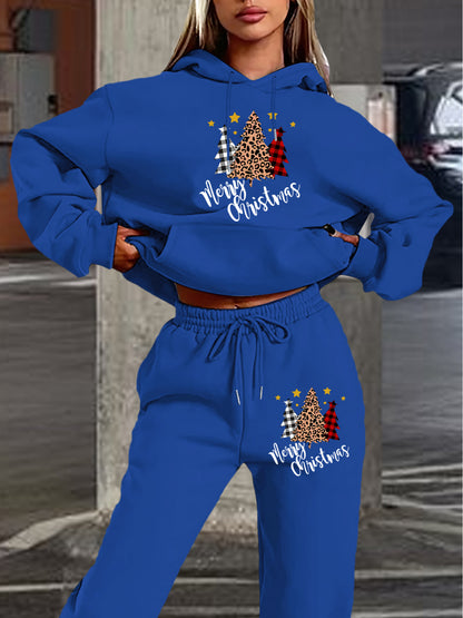 Women'S 2024 New Year Sweatshirt and Pants Set, Hooded Long Sleeve Casual Outfit with Pockets, Polyester Knit Fabric, Geometric Pattern, for Autumn/Winter Season