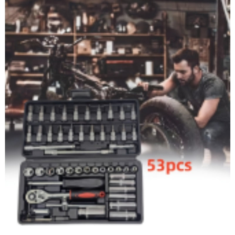 53pcs -in- Heavy-Duty Multi-Tool Kit Suitable for Car & Motorcycle Repair - Chrome-Vanadium Manual Tool Set with 53 Tools (Wrenches, Sockets,) in Black Case for Mechanics, DIY, Auto Maintenance
