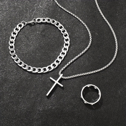 3pcs 's Fashion Jewelry Set: Hip Hop Bracelet, Necklace & Ring - Alloy Gift for Boyfriend/Husband, for Teenager