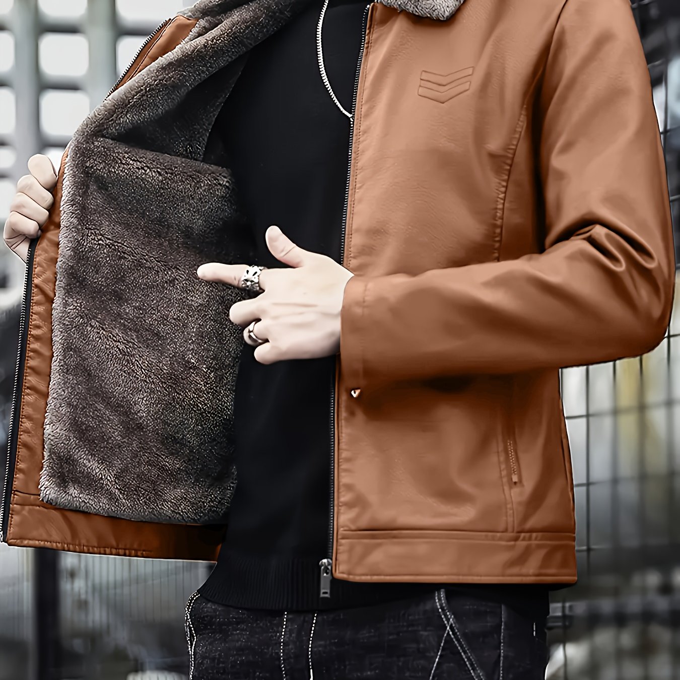 Siji Dou OBM Men's Coat, New Autumn/Winter Fleece-Lined Jacket with Faux Fur Collar, Trendy Casual Jacket for Men