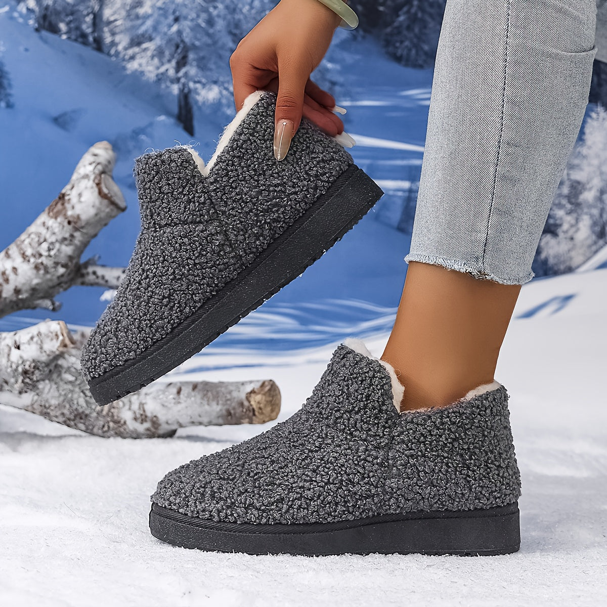 Women'S Plush Winter Slip-On Ankle Boots - Soft Fleece-Lined Low Heel Casual Shoes, Lightweight & Durable, Perfect for Y Days, Winter Footwear | Slipon Boots | Synthetic Cover Sole