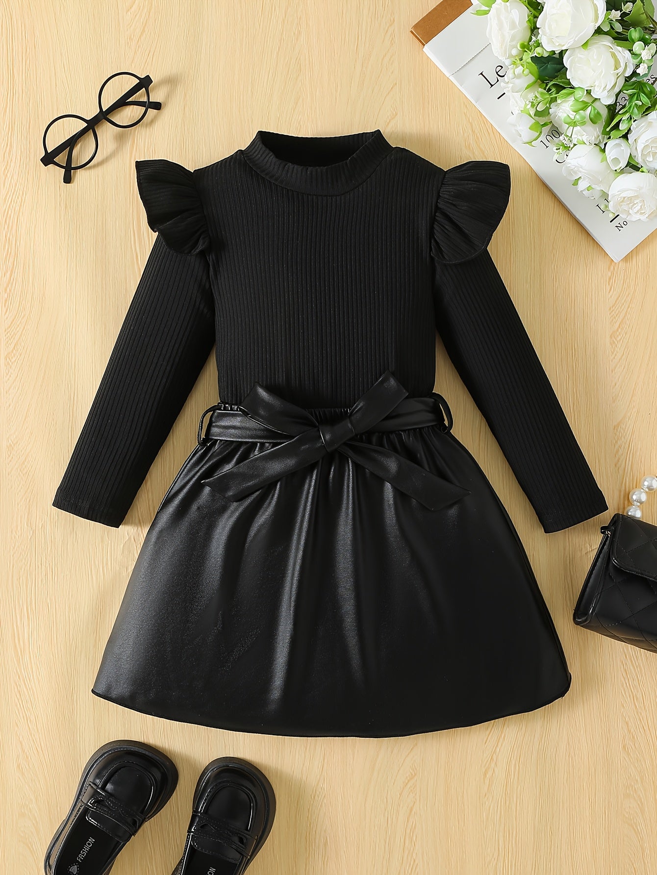 Girls' Black Ribbed Long Sleeve Top & Bow Accent Skirt Set