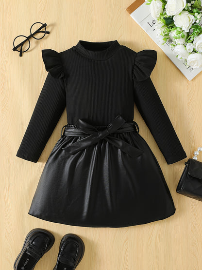 Girls' Black Ribbed Long Sleeve Top & Bow Accent Skirt Set