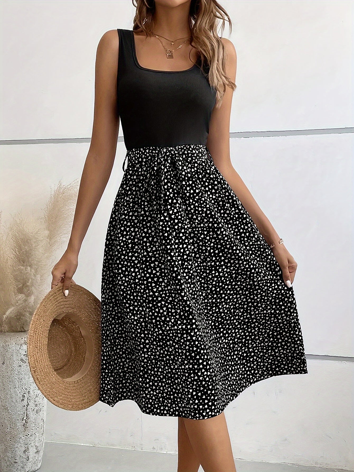 Elegant Fit and Flare Heart Print Dress for Adults