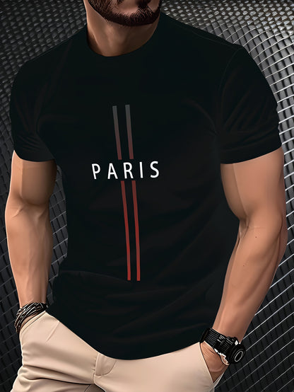 Men'S Paris Graphic Tee - Black Short Sleeve Crew Neck with Red  White Stripes, Casual Streetwear Style, Lightweight Polyester Blend, Machine Washable, Everyday Tshirt   Bold Graphic Tee   Glossy Texture