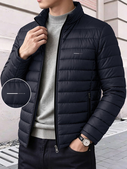 Men's Stand Collar Padded Coat with Zipper Pockets for Fall-Winter