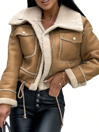 Women's Suede-Like Lamb Fleece Jacket - Winter Warm Coat with Full-Zip Closure, Collar & Plush | Hand Washable Soft Outerwear for Fall & Winter | Cozy Casual Outer Layer (No Dry Clean) | Lamb Fleece Coat for Cold Weather