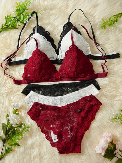 Women's Breathable Lace Bra Set with Scallop Trim - 3 Pack