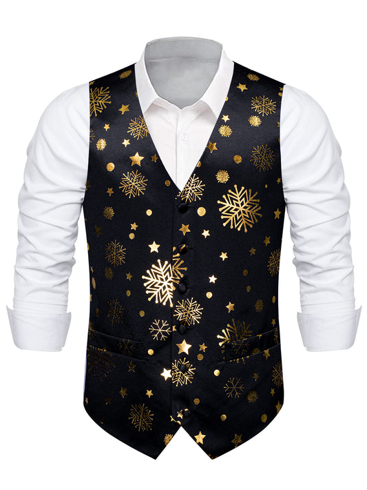 DOCAPEITON Men'S Christmas Vest - Formal & Casual Holiday Party Outfit with Button Front Closure, Non-Stretch Fabric - Green & Golden Snowflake, Tree, Firework Designs - Perfect for Xmas, New Year's, Weddings - Adult Men'S Fe