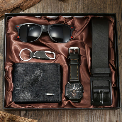 5pcs Men's Calm and Handsome Pu Leather Wallet + All-matching Business Watch Belt Glasses Key Chain Value Gift Box Set Anniversary Birthday Father's Day The Perfect Gift for Him