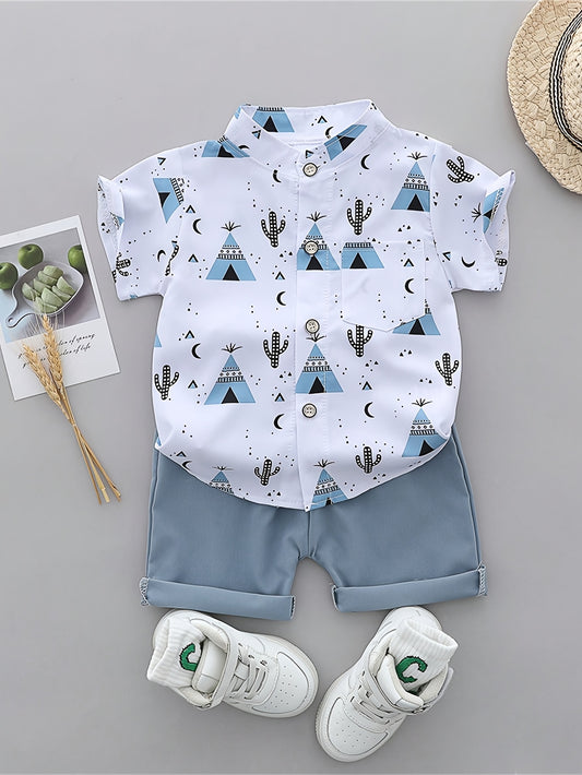 Boys' Casual Summer T-Shirt and Shorts Set with Pyramid Print
