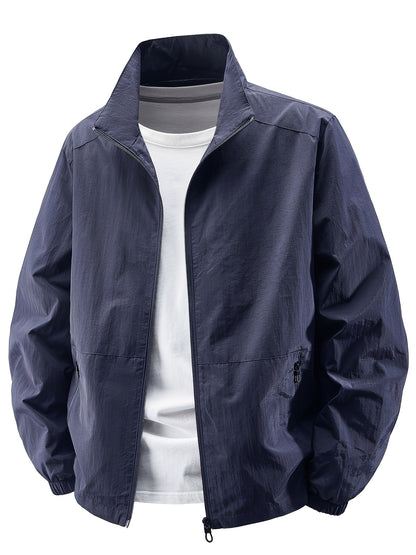 Men'S Olive Green Bomber Jacket with Stand Collar - Casual, Comfortable, Zip-Up Outerwear for Outdoor Activities, Casual Attire|Stand Collar Jacket|Zippered Jacket