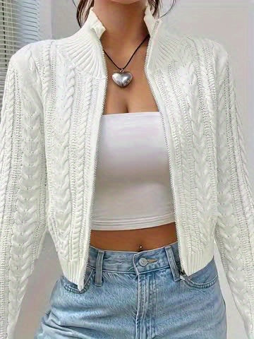 Women's Elegant Zip-Up Cable Cardigan with Stand Collar - Machine Washable Spring/Fall Jacket, White Solid Color, Braided Design & Zipper Front for Casual or Dressy Outfits, Cardigan Sweater, Autumn Layering Piece, Spring Out