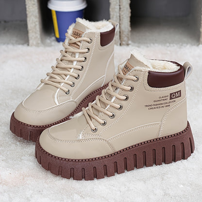 Women's Warm Boots - Heavy-Duty PU Coated Texture, Lace-Up Ankle Boots, Thick Sole Height Increase and Non-Slip Rubber Sole - Beige/Brown Options, Elegant Winter Boots for Women, Shiny Black Winter Boots with Beige Plush Lini