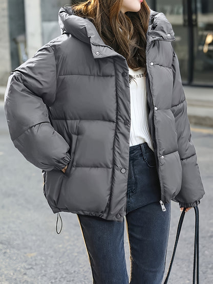 Women'S Stylish Winter Zip-Up Hooded Jacket - Casual Thickened Outerwear with Pockets, Long Sleeve, Non-Stretch Fabric, Solid Color, 100g/m², Perfect for Cold Weather, Winter Clothes