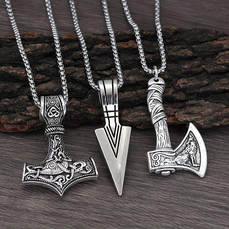 3 Pieces Of Men's Viking Necklace - Viking Hammer Nordic Compass Celtic Knot Wolf Axe Pendant Nordic Amulet Pendant Necklace Holiday Jewelry Gift