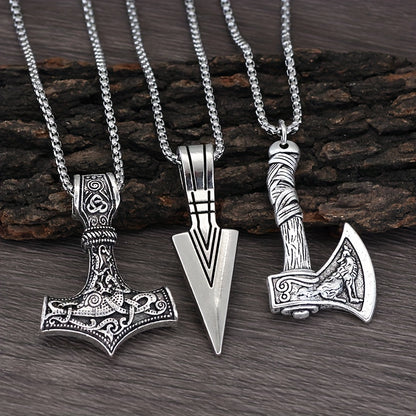 3 Pieces Of Men's Viking Necklace - Viking Hammer Nordic Compass Celtic Knot Wolf Axe Pendant Nordic Amulet Pendant Necklace Holiday Jewelry Gift