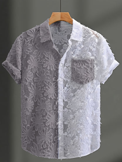 Men's Casual Sheer Lapel Collar Short Sleeve Shirt for Summer