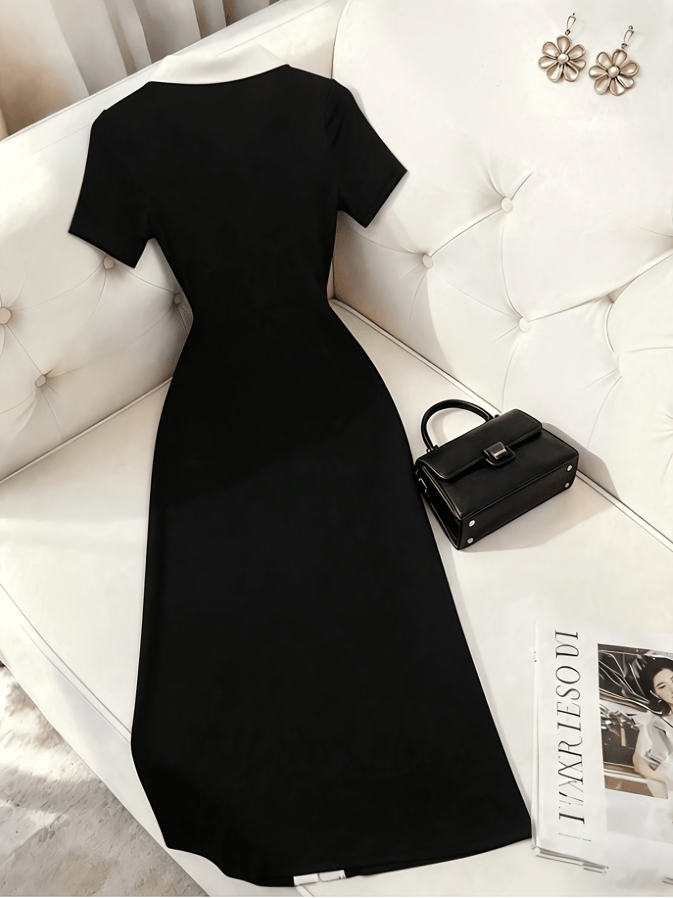 Elegant Black and White Polo Collar Long Dress for Women