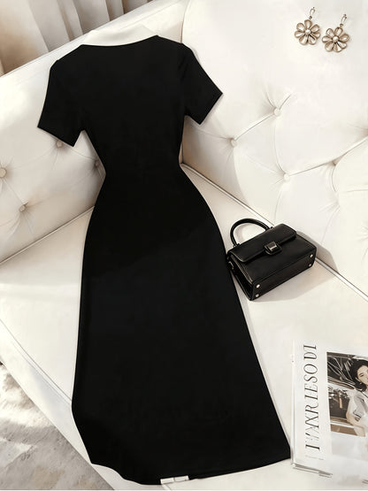 Elegant Black and White Polo Collar Long Dress for Women
