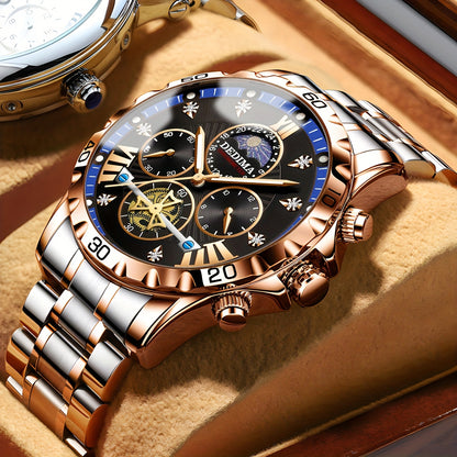 Elegant Men's Stainless Steel Sports Watch with Rhinestone Accents, 24-Hour/Calendar/Stopwatch Functions - Perfect for Halloween, Thanksgiving, Father's Day - ayq